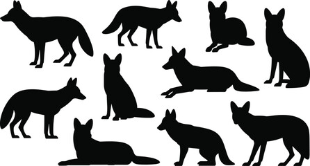 Fox silhouette vector set featuring various poses including sitting, standing, lying, crouching—perfect for wildlife, nature, and design themes