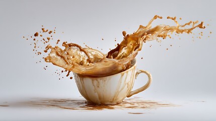 A cup overflowing with a splash of brown liquid against a plain white background in a studio shot