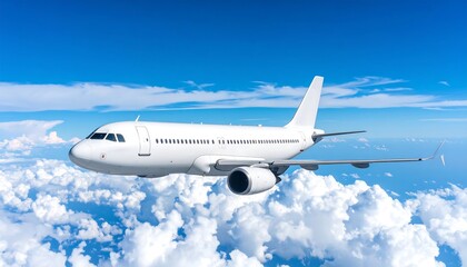 Fototapeta premium White airplane above fluffy clouds