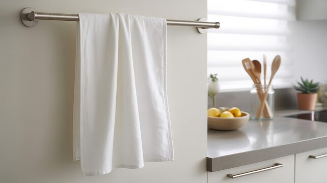 A clean white kitchen towel hangs neatly on a metal rack mounted on a wall, with a blurred background of a modern kitchen featuring a countertop, sink, and decorative items like lemons and plants