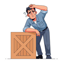 Tired Worker Beside Crate: A weary individual leans against a wooden crate, sweat beading on their brow, reflecting the strain of physical exertion or the weight of responsibilities.