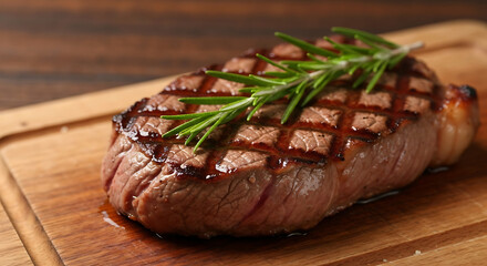 Grilled Steak with Rosemary on Wooden Board