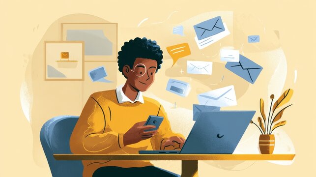 Young man engaged in digital communication while working at home office during daytime