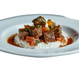 Beef stew with rice and vegetable garnish on a white plate isolated on transparent background