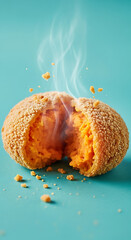 Hot Arancini Ball Cut in Half on Blue Background