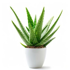 Healthy aloe vera plant in white pot against white background