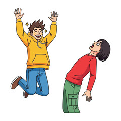 Comic Moments of Joy and Astonishment: Dynamic cartoon illustration depicts a young man's joyful leap beside another's stunned expression.