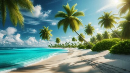 Fototapeta premium Tropical paradise beach scene with swaying palm trees under a vibrant sky.