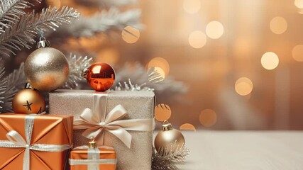 Festive holiday scene with gifts and ornaments under a tree. Soft focus and warm bokeh create a cozy video backdrop. Side angle view. Live desktop wallpaper. - Powered by Adobe