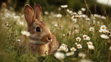 Fototapeta premium Rabbit resting among wildflowers in a sunlit meadow during springtime
