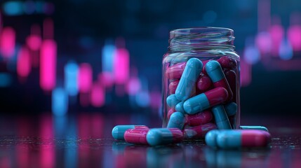 Jar filled with blue and pink capsules in a futuristic laboratory setting with neon lights