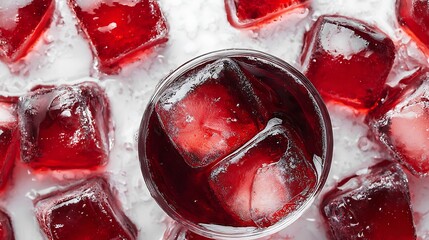 A top down view of a glass of red liquid with ice cubes and scattered ice around the glass on white
