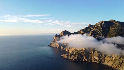 Dramatic coastal mountains meet a misty sea at sunrise