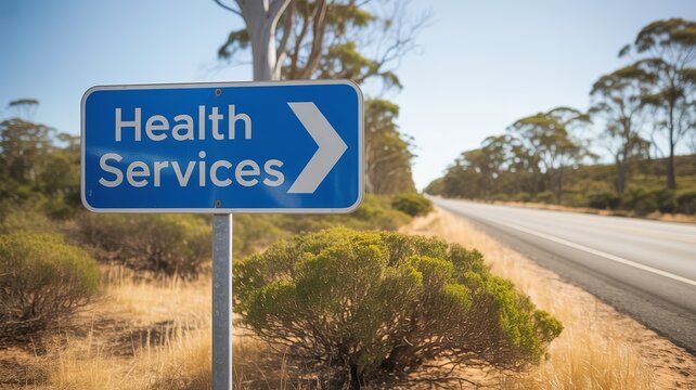 A blue road sign indicating health services with a white arrow pointing to the right, situated on the side of a highway in a rural, natural landscape under a clear sky