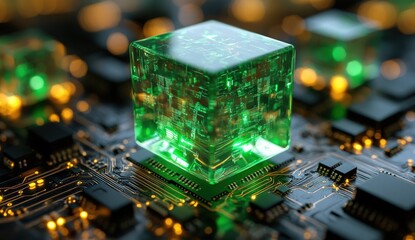 A glowing green cube rests on a circuit board with intricate pathways, illuminated by warm amber light