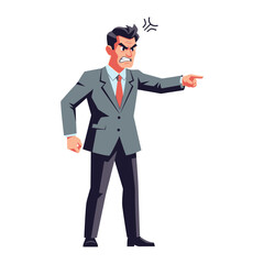 Obraz premium Furious Businessman Gesturing: A sharply dressed businessman, his face contorted with anger, emphatically points while seething with rage, a visual representation of frustration and conflict.