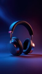 Sleek over-ear headphones, metallic accents, dark fabric earcups, illuminated by vibrant blue and purple lighting on a smooth surface