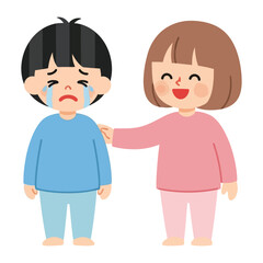 Kindness and Empathy: A tender illustration depicts a supportive friend offering comfort and reassurance to a weeping child, highlighting the core of empathy.