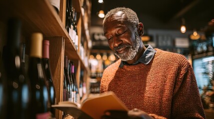 Older man reading a book in a cozy wine shop during the evening
