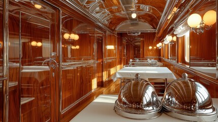 Chrome handles and art deco elements in luxury railroad dining car showcasing period elegance and warm atmospheric lighting