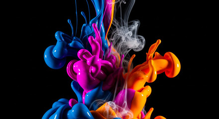 Vibrant Ink Swirling in Water. Colorful Abstract Liquid Splash on a Black Background