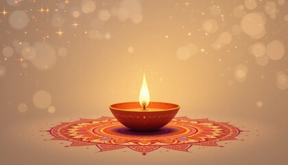 A beautiful diya illuminated against a soft golden background with shimmering lights