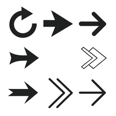 Collection of nine black and white directional arrows and symbols navigation right