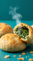 Hot Spinach Pastry Cut in Half on Blue Background