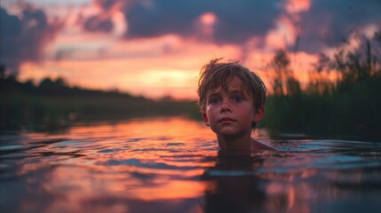 Fototapeta premium Young boy swimming in a calm river during sunset with vibrant colors in the sky
