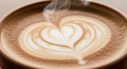 Latte Art Heart in Coffee Cup with Steam