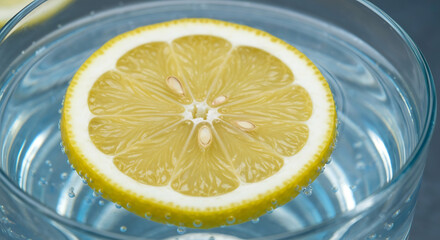 Lemon slice in a glass of sparkling water