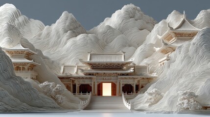 Creamy Asian temple in sculpted mountains