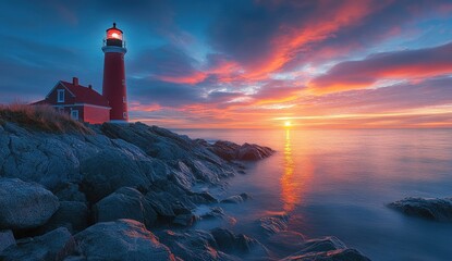 A tall red and white lighthouse stands on a rocky coastline, silhouetted against a vibrant sunset reflected in the calm water