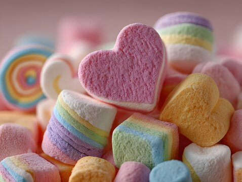 Playful, top-down photograph of a colorful assortment of soft pastel marshmallows, including heart shapes, twists, and cylinders, filling the frame with a sweet, fluffy texture.