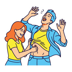 Tickle Fight: A playful moment, a woman and a man engaged in a tickle fight, filled with laughter and amusement. Capturing the pure joy and camaraderie in a colorful illustration.