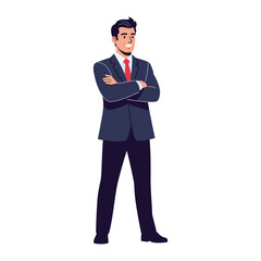 Confident Professional Standing: A well-dressed businessman in a navy suit and red tie confidently stands with arms crossed, radiating a sense of poise and authority.