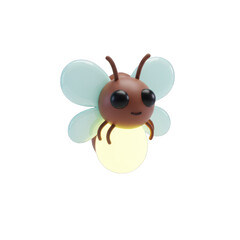 A charming 3D rendered cartoon firefly with glowing abdomen and translucent wings, depicted as a friendly and whimsical insect character on a clean white background.