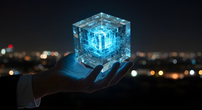 Conceptual depiction of a hand holding a luminous cube, symbolizing future technology, data processing, and innovative digital solutions