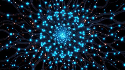 AI neural interface - Futuristic Neural Network with Glowing Blue Connections digital abstraction, futuristic concept design, cutting-edge tech style, glowing lights atmosphere, ideal for innovation