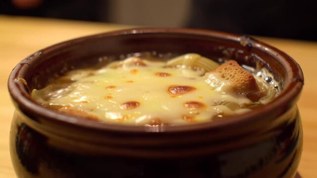 Delicious french onion soup in a rustic ceramic bowl, close-up shot