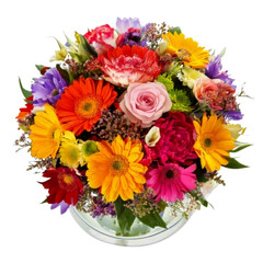  Round Bouquet of Bright Flowers in Short Glass Vase, Top-Down View, isolated