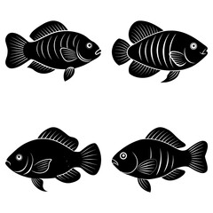 Naklejka premium Four stylized black fish illustrations with detailed fins and scales on a white background design element