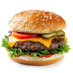 A cheeseburger, whole, on a white background