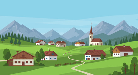 This serene flat design illustration depicts a picturesque Bavarian alpine village nestled among rolling hills and majestic mountains © Aries