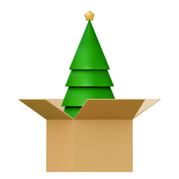 Christmas tree with cardboard box illustration isolated background. Merry christmas and happy new year concept elements. Winter holiday season. Christmas tree coming out of a parce box.
