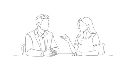 Business meeting line art vector illustration of man and woman discussing project strategy design 100 on transparent background