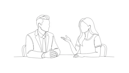 Foto auf Acrylglas Eine Linie Business meeting line art vector illustration of man and woman discussing project strategy design 100 on transparent background  © muawiya