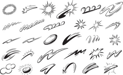 Line movement element, emotion effect decoration icon. Hand drawn doodle line element arrow, emphasis, wind, sparkle. Anime emotion, express shape. Vector illustration