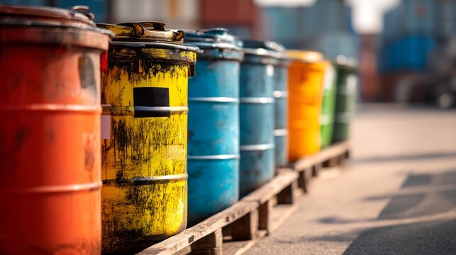 Household hazardous waste bins collection site, concept of environmental safety
