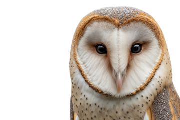 Close-up portrait of a barn owl with its distinctive heart-shaped facial disc, isolated on white background